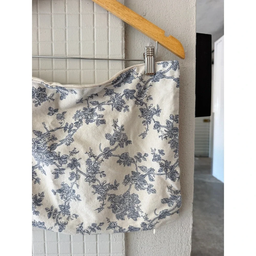 Blue Floral Toile Cotton Lumbar Pillow Cover French Country Farmhouse 18x12